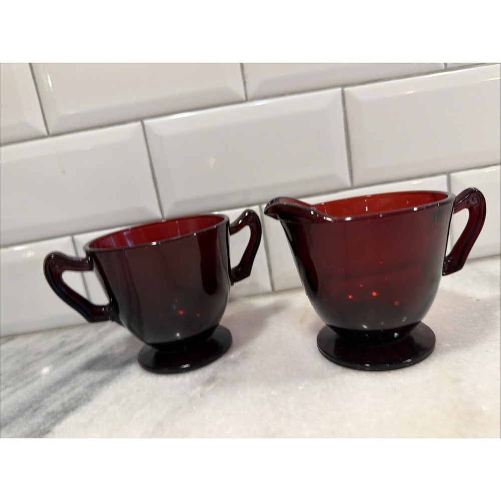 Anchor Hocking ROYAL‎ RUBY Red 3 1/4" Footed Creamer& Sugar Set ES003
